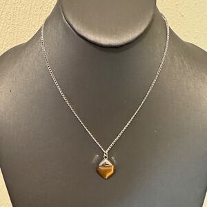 Minimalist Silver and Brown Cat’s Eye Stone Pendant Necklace